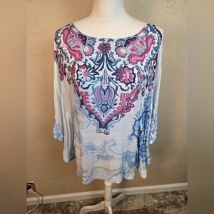 Chico's Blouse Blue Pink Ornate Print With Bat Wing Sleeves S/M (6468)